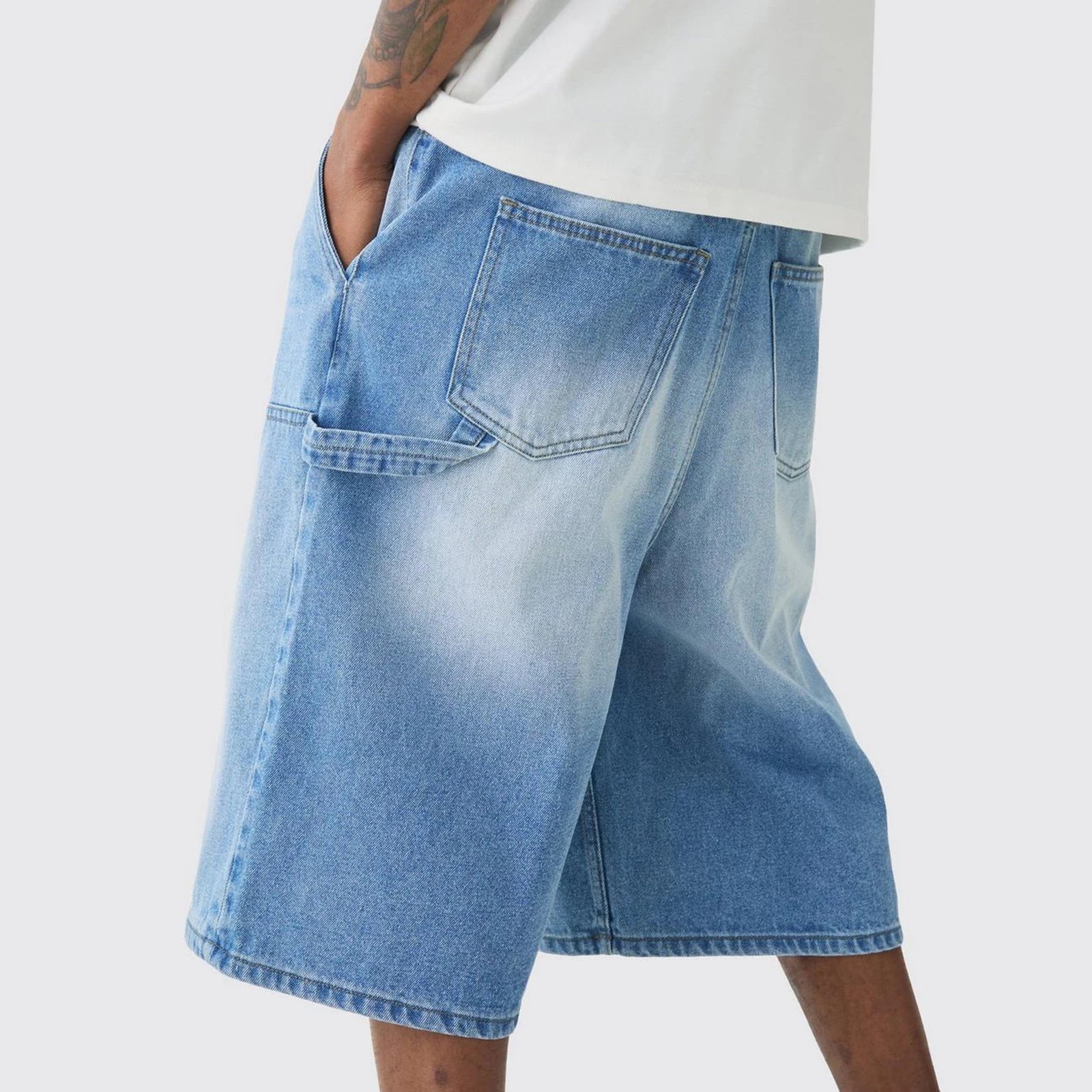 Mens Loose Denim Shorts Baggy Casual Wide Leg Mid Jean Jorts Zipper Hip Hop Shorts with Pockets Vintage Streetwear